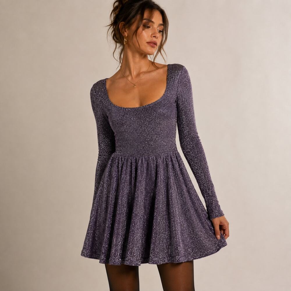 Free People Dress Womens M Purple Metallic Babydoll Mini Square Neck Long Sleeve